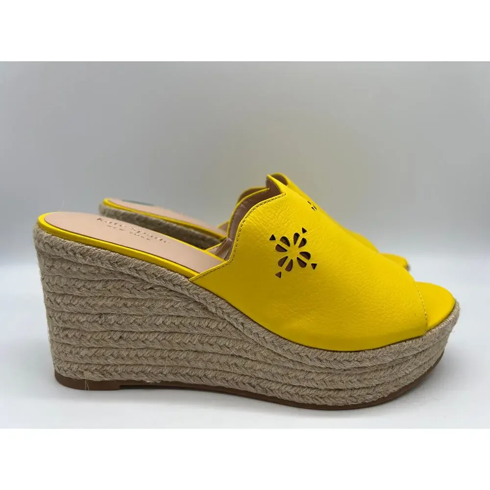 Kate Spade Tenley Espadrille Wedge Mule Sandal Yellow Leather S8311001 Size 7.5